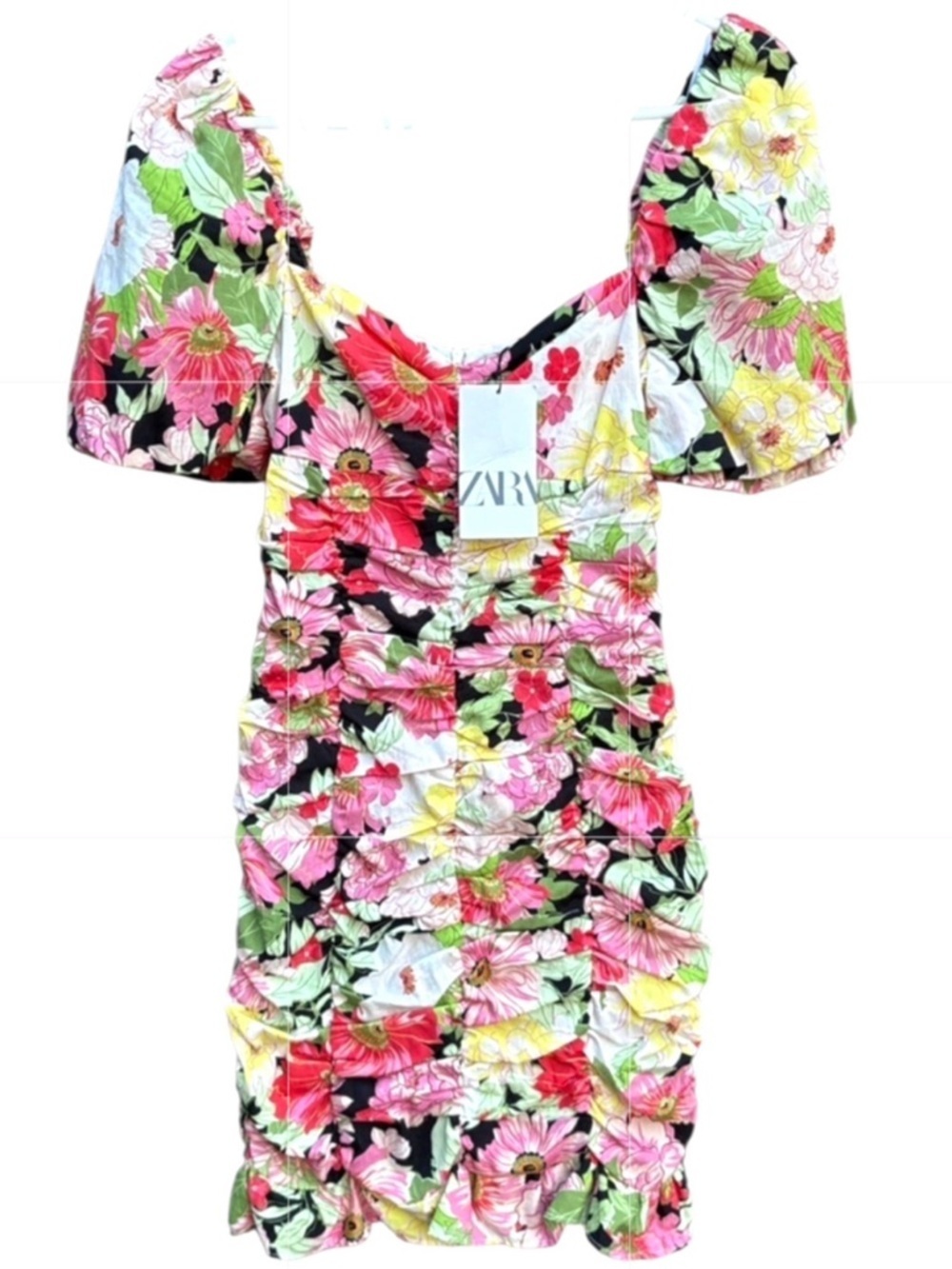 NWT Zara Ruched Puff Sleeve Floral Dress Size Small